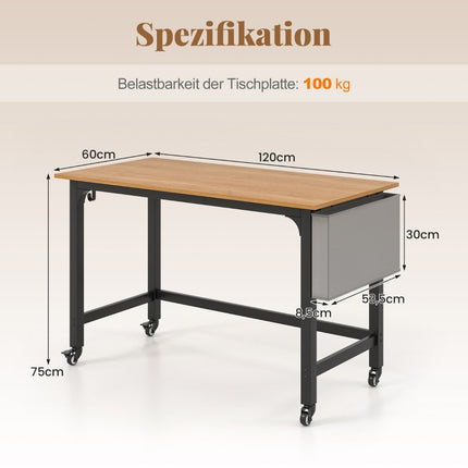 Mobile Desk with Wheels, Storage Bag, Headphone Hook, 120x60x75 cm