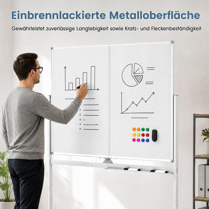 Verrijdbaar dubbelzijdig magnetisch whiteboard op wielen, 120x90 cm