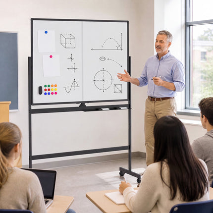 Verrijdbaar dubbelzijdig magnetisch whiteboard op wielen, 120x90 cm