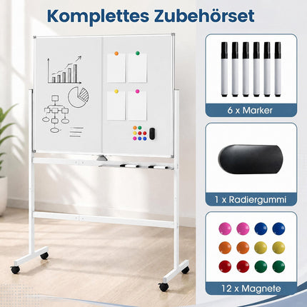 Verrijdbaar dubbelzijdig magnetisch whiteboard op wielen, 120x90 cm
