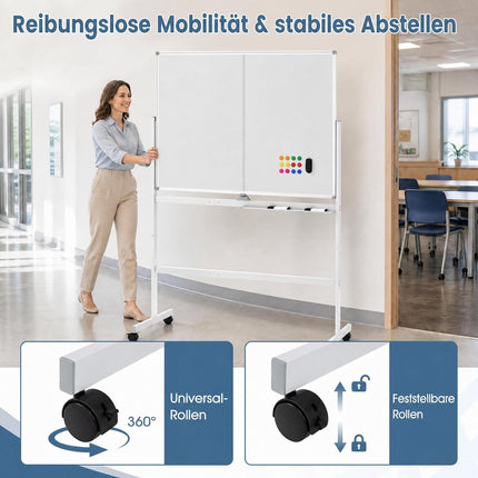 Verrijdbaar dubbelzijdig magnetisch whiteboard op wielen, 120x90 cm
