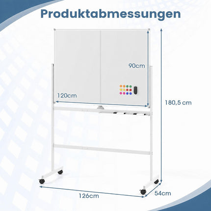 Verrijdbaar dubbelzijdig magnetisch whiteboard op wielen, 120x90 cm