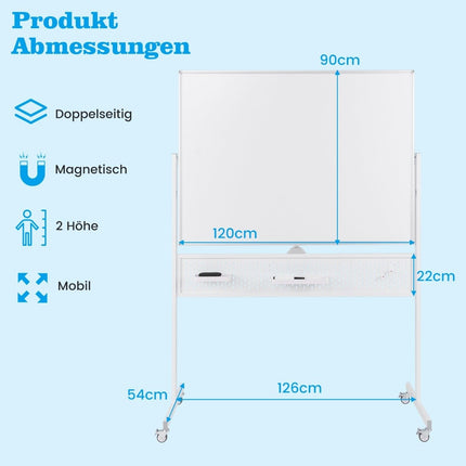 Mobiles Whiteboard 120x90 cm, doppelseitig, mit Ständer und Rollen