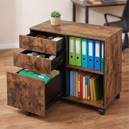 Mobile Drawer Unit with Shelves and Castors - Brown