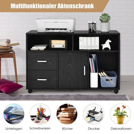 Mobile File Cabinet with 2 Drawers & 3 Shelves, Black MDF