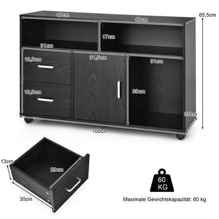 Mobile File Cabinet with 2 Drawers & 3 Shelves, Black MDF