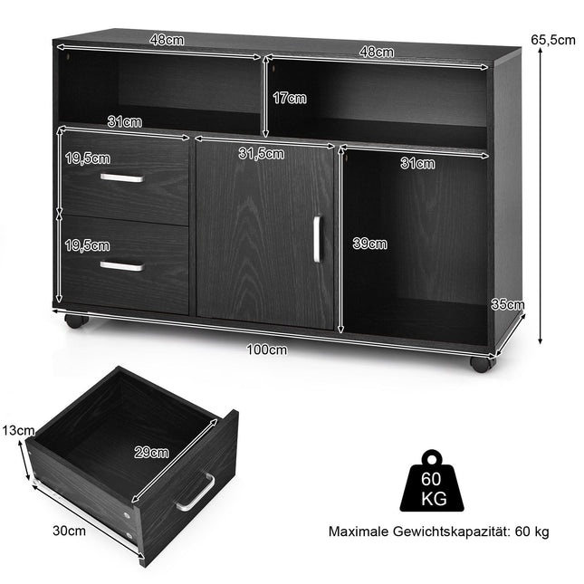 Mobile File Cabinet with 2 Drawers & 3 Shelves, Black MDF