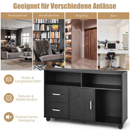 Mobile File Cabinet with 2 Drawers & 3 Shelves, Black MDF