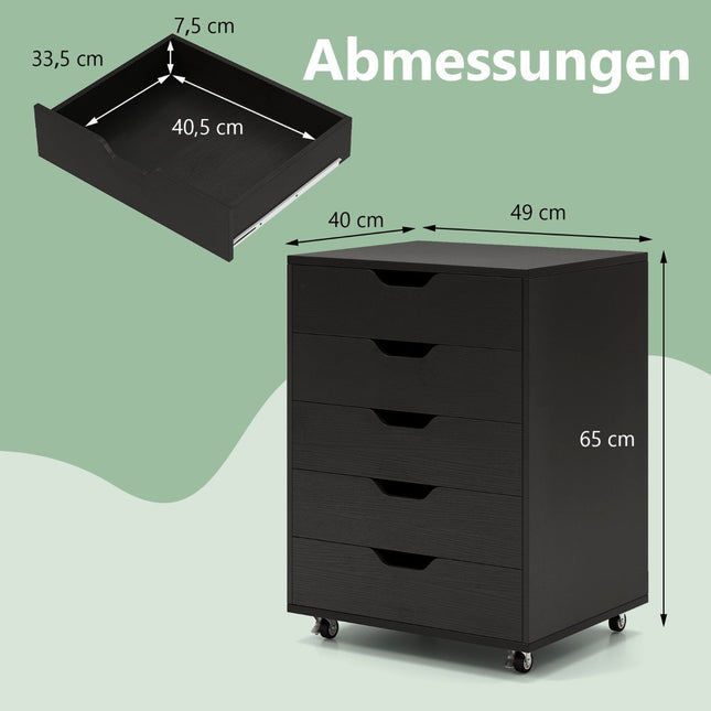 Rollcontainer mit 5 Schubladen, Schwarz, 49x41x66 cm