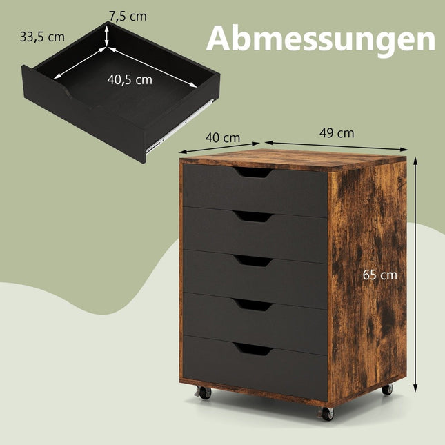 Mobiler Aktenschrank mit 5 Schubladen, braunes Holz, auf Rollen