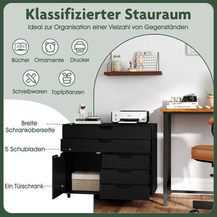 Mobiler Aktenschrank mit 5 Schubladen und Schrankfach, Schwarz
