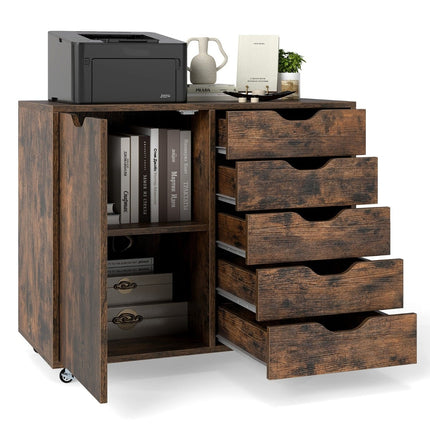 Mobile File Cabinet with 5 Drawers & Door – Brown