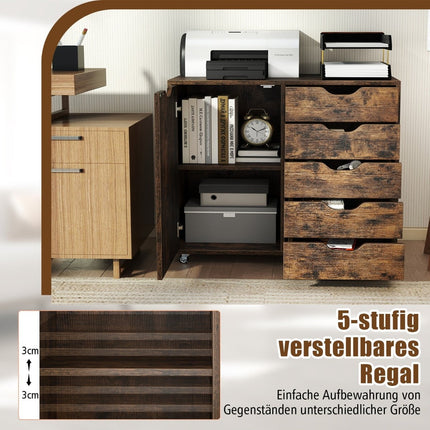 Mobile File Cabinet with 5 Drawers & Door – Brown