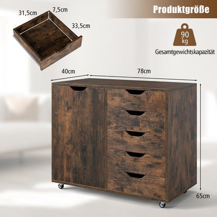 Mobile File Cabinet with 5 Drawers & Door – Brown