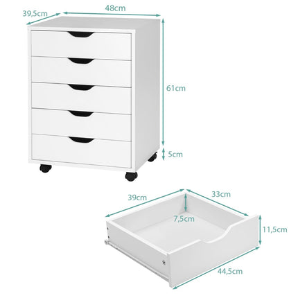 Rollcontainer mit 5 Schubladen, Weiß, 48x39,5x65,5 cm
