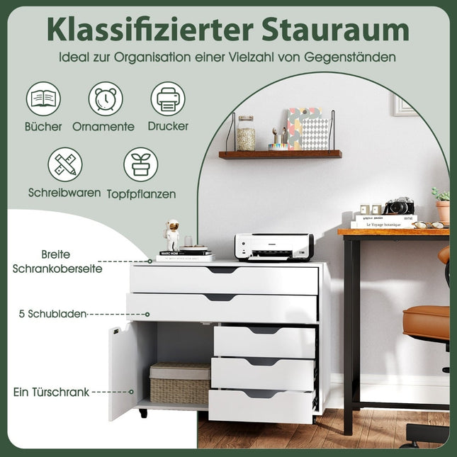 Rollcontainer mit 5 Schubladen und Schrank, Weiß