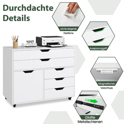 Mobile File Cabinet with 5 Drawers and Cabinet, White
