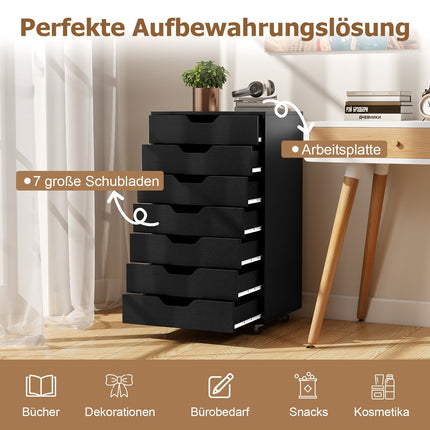 Mobile File Cabinet with 7 Drawers, Black, Locking Wheels