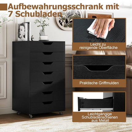 Mobile File Cabinet with 7 Drawers, Black, Locking Wheels