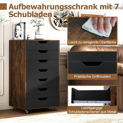 Mobile File Cabinet with 7 Drawers, Rustic Brown