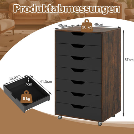 Mobile File Cabinet with 7 Drawers, Rustic Brown