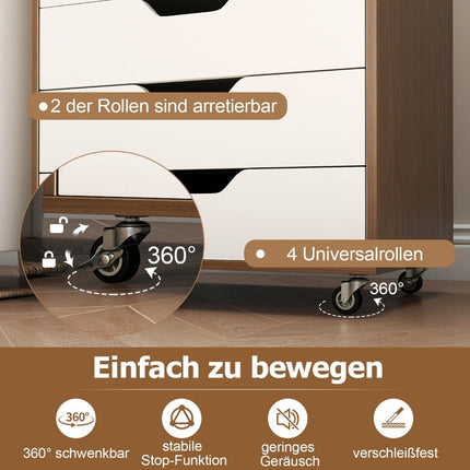 Rollcontainer mit 7 Schubladen und Rollen, Naturholz