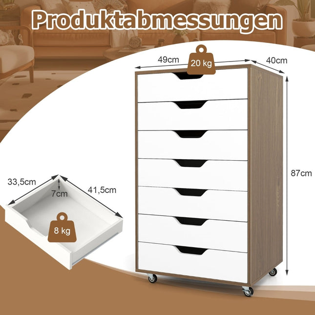 Rollcontainer mit 7 Schubladen und Rollen, Naturholz