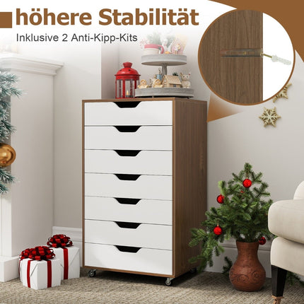 Rollcontainer mit 7 Schubladen und Rollen, Naturholz