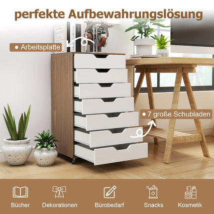 Rollcontainer mit 7 Schubladen und Rollen, Naturholz