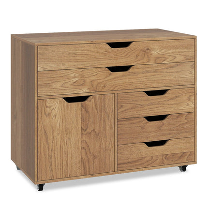 Rollcontainer mit 5 Schubladen und Schrank, Naturholz