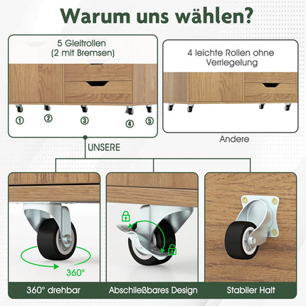 Rollcontainer mit 5 Schubladen und Schrank, Naturholz