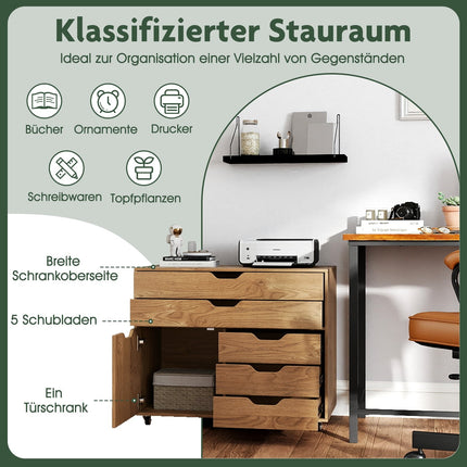 Rollcontainer mit 5 Schubladen und Schrank, Naturholz