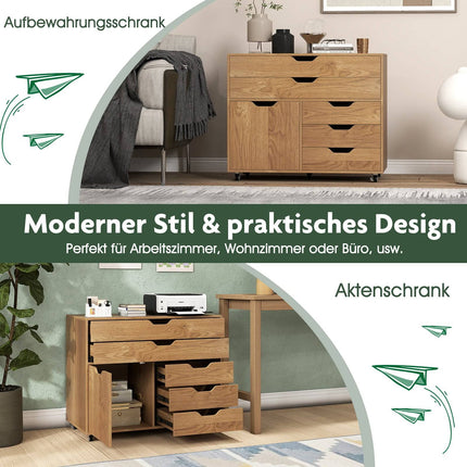 Rollcontainer mit 5 Schubladen und Schrank, Naturholz