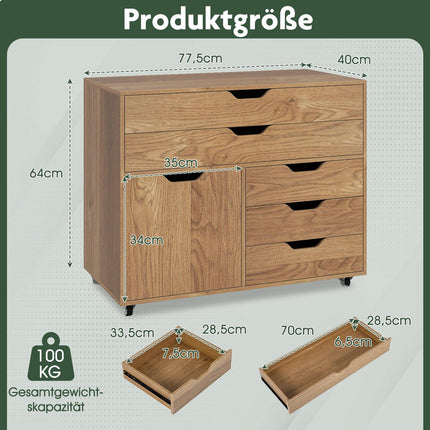 Rollcontainer mit 5 Schubladen und Schrank, Naturholz