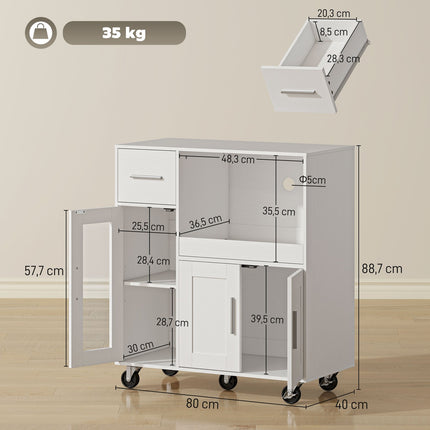 Mobile Kitchen Cabinet, White, Adjustable Shelves, Wheels