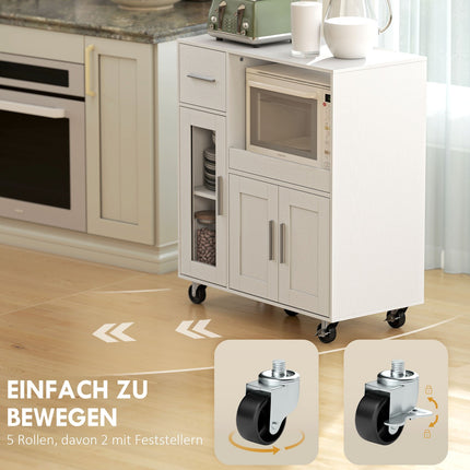 Mobile Kitchen Cabinet, White, Adjustable Shelves, Wheels