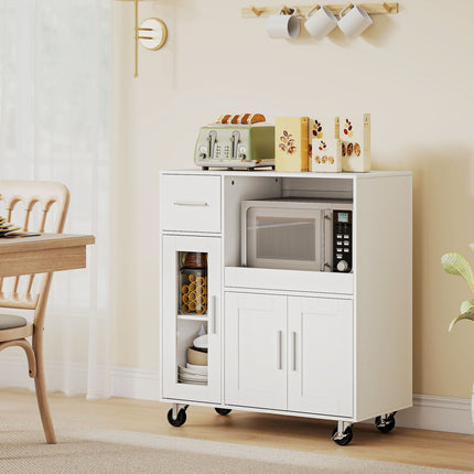 Mobile Kitchen Cabinet, White, Adjustable Shelves, Wheels