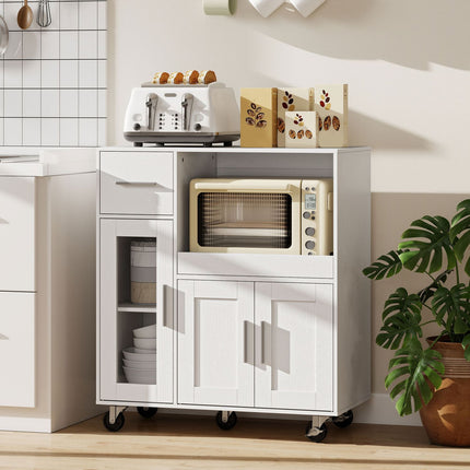 Mobile Kitchen Cabinet, White, Adjustable Shelves, Wheels
