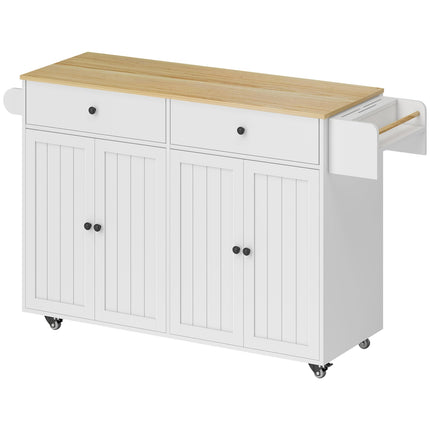 Mobile Kücheninsel, 2 Schubladen, Gewürzregal, MDF, Weiß