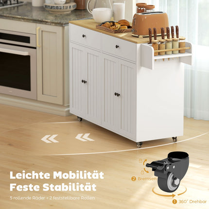 Mobile Kücheninsel, 2 Schubladen, Gewürzregal, MDF, Weiß