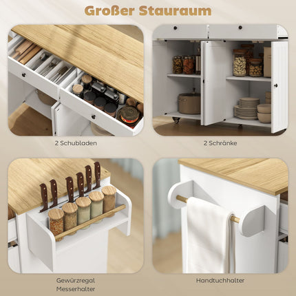 Mobile Kücheninsel, 2 Schubladen, Gewürzregal, MDF, Weiß