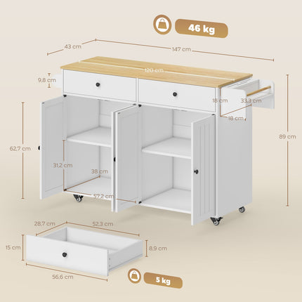 Mobile Kücheninsel, 2 Schubladen, Gewürzregal, MDF, Weiß