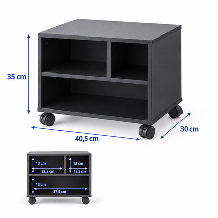 Mobile Printer Stand with Castors and 3 Compartments, Black