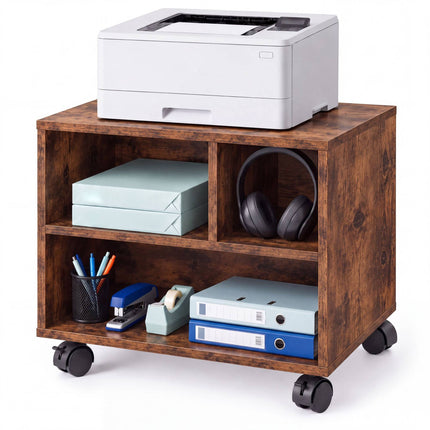 Mobile Printer Stand with Castors and 3 Compartments, Brown Wood Look