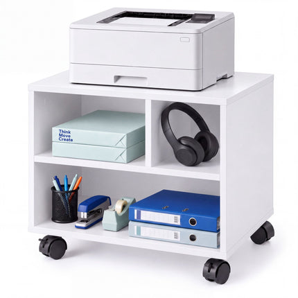 Mobile Printer Stand with Castors and 3 Compartments, White