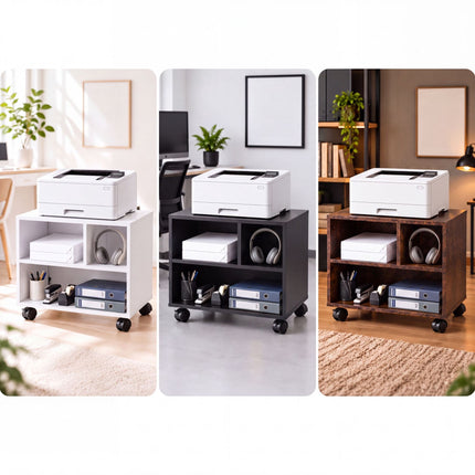 Mobile Printer Stand with Castors and 3 Compartments, White