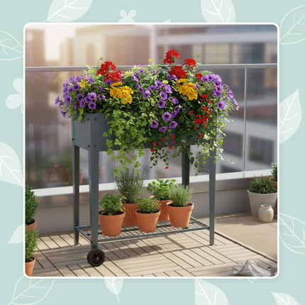 Mobile Raised Garden Bed With Wheels and Storage Shelf