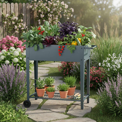 Mobile Raised Garden Bed With Wheels and Storage Shelf