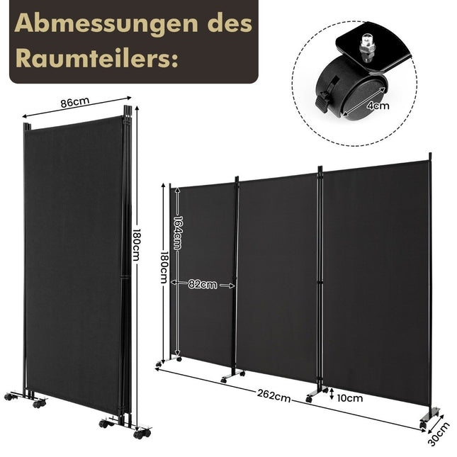 Mobiler Raumteiler mit Rollen, 3 Paneele, 180 cm, Schwarz