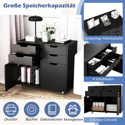 Mobile Storage Cabinet with 4 Drawers, 2 Doors, Black
